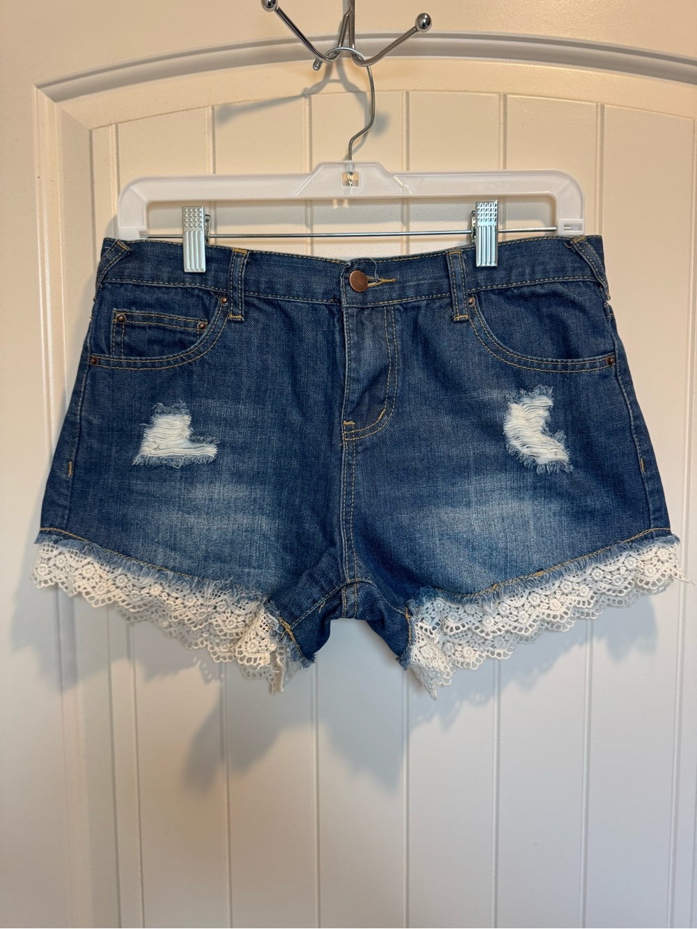 Listicle Blue Distressed Denim Shorts with White Lace Trim